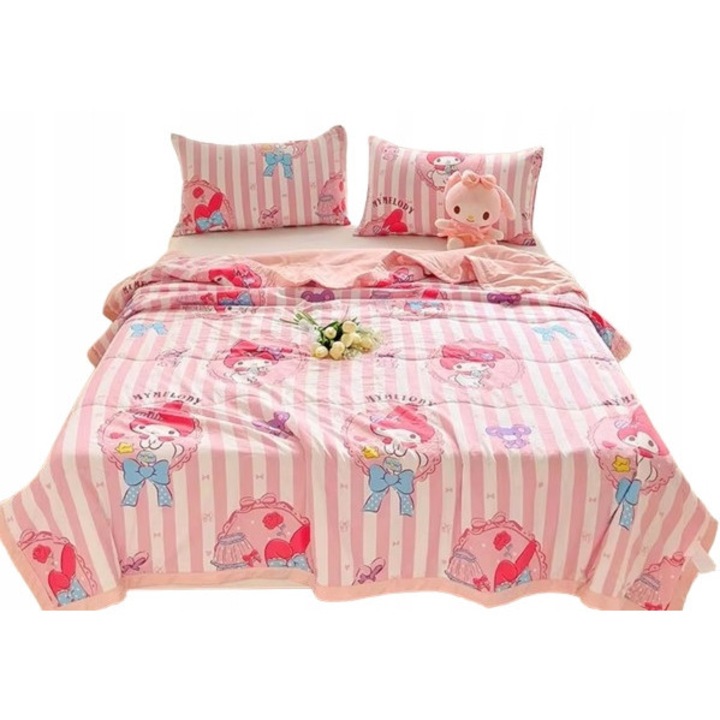 Cuvertura de vara My Melody KARZAR485, pilota subtire din bumbac si poliester, decor kawaii, roz, 150 x 200 cm