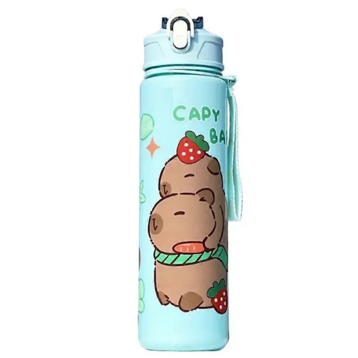 Sticla de apa din plastic cu pai, desen Capybara, PP alimentar, capac flip etans, verde menta, 800 ml (31CJ-K0274-260810-8196)