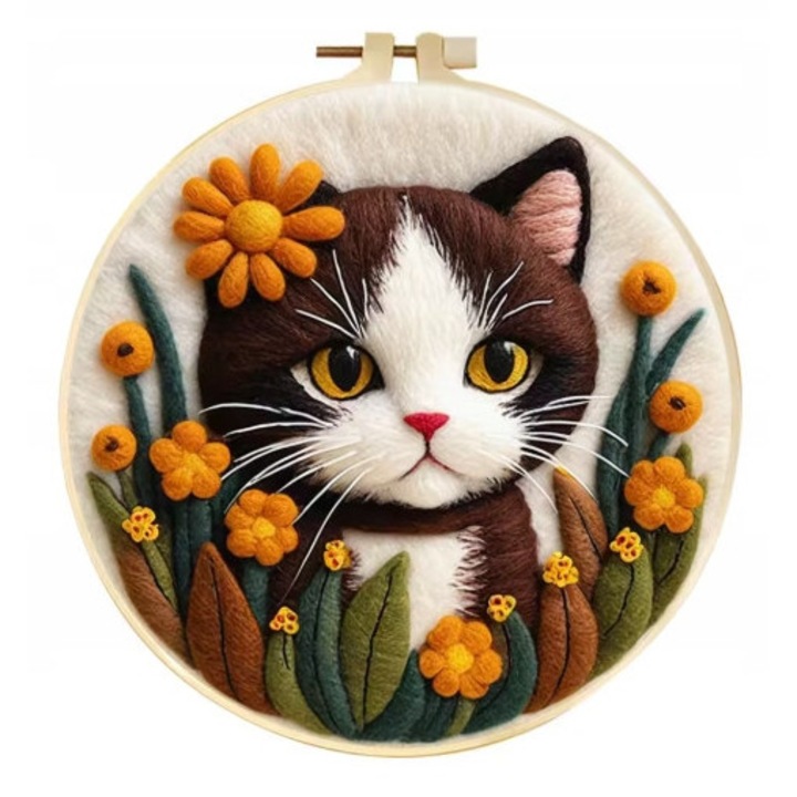Kit broderie cu punch needle, fetru needle-felt pentru tablou pisica 3D, multicolor, cod 31CJ-K0274-260810-8808