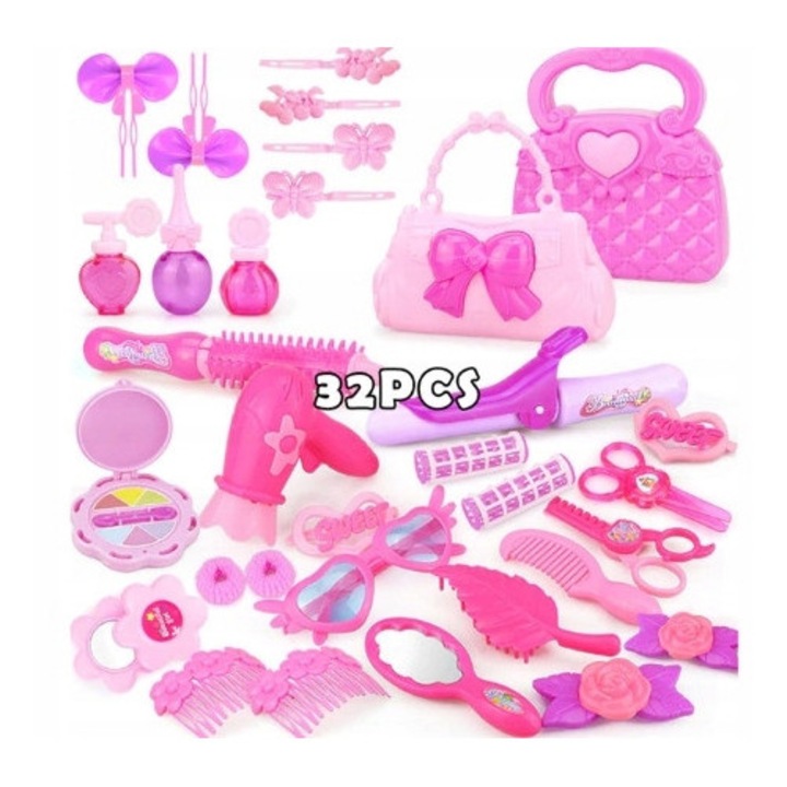 Set jucarie coafor BB-AAAUU33 din ABS pentru copii, 32 piese, roz