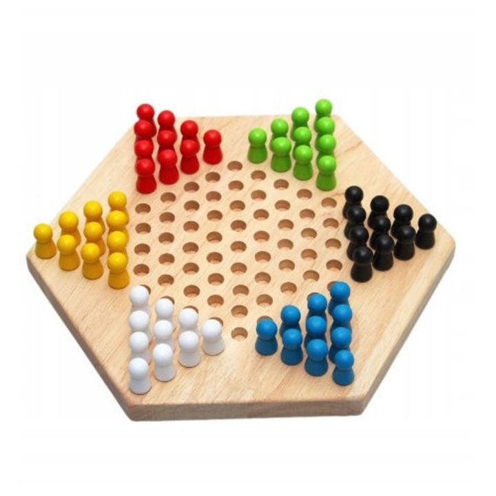 Joc Chinese checkers din lemn U911U-3311, tabla hexagonala, 60 pioni (10x6 culori), multicolor, diametru 20 cm