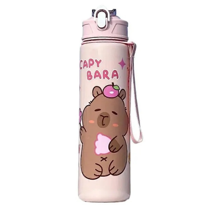 Sticla de apa cu pai 31CJ-K0274-260810-8057, din plastic PP, design cartoon Capybara, anti-scurgeri, cu curelusa, roz, 800 ml