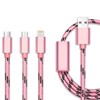 Cablu de date 3 in 1 Lightning micro USB Type-C, iPhone, Samsung, Huawei, roz, BBL015