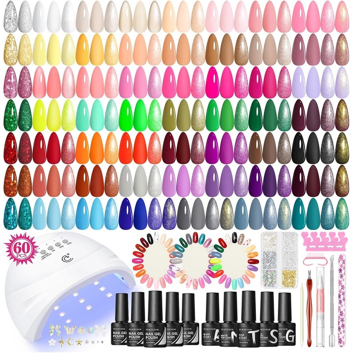 Set pentru manichiura TRS 3WJEPKG2, kit gel UV/LED cu lampa 30 LED si 3 timere, 55 lacuri gel + 4 topcoate si baza, 73 piese, multicolor