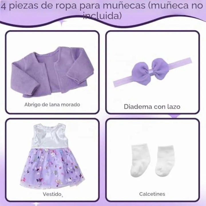 Set 4 piese haine pentru papusa, material textil moale, include palton, rochie cu fusta tulle, sosete si bentita cu funda, mov, pentru papusi 34-45 cm