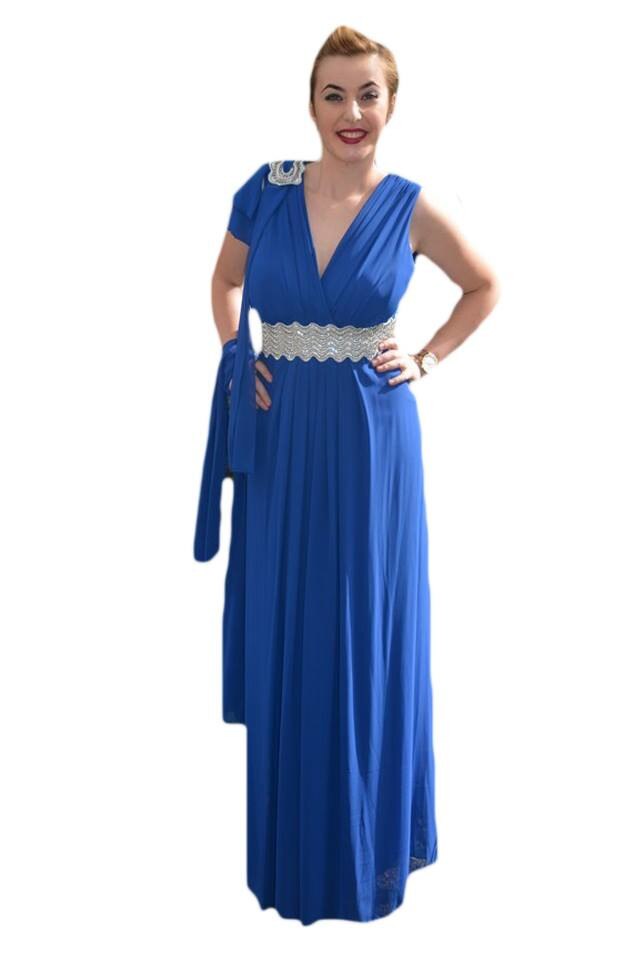 Rochie lunga, cu cristale in talie si pe umarul drept , D&J Exclusive, Albastru