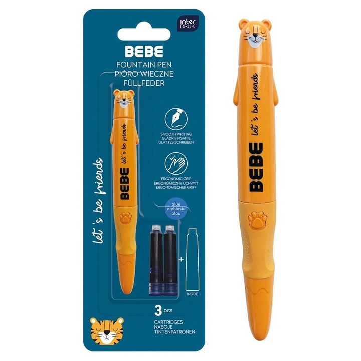 Interdruk Bebe töltőtoll (799167), tigris design, 3 kék tintapatron, narancssárga