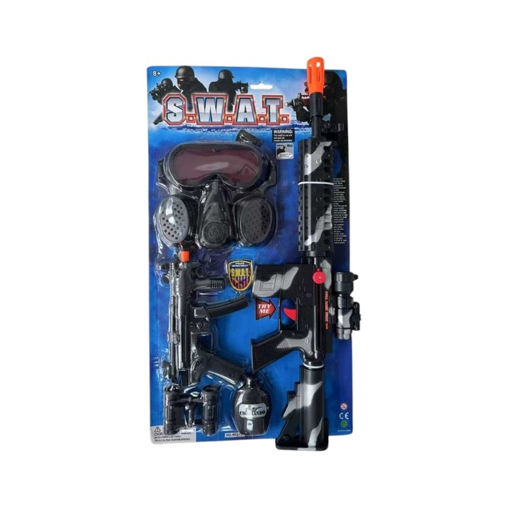 Комплект полицейски играчки Tradesor 902-5S (233129), SWAT комплект с 2 оръжия, маска, очила и аксесоари, черно/сиво, 55 x 25 x 4 cm