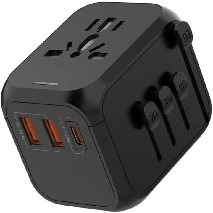 Adaptor de calatorie universal K0255-0810-CDCJ48036, 2x USB-A QC 18W + 1x USB-C PD 20W, priza AC universala cu adaptoare UK/EU/US/AU, negru