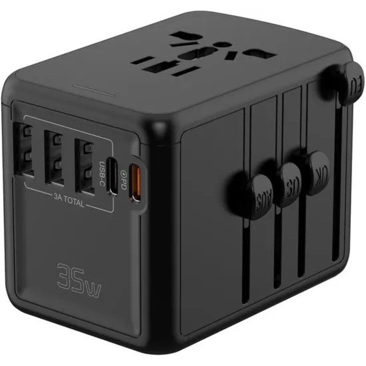 Adaptor de calatorie universal K0255-0810-CDCJ49709, USB-C PD 35W, 3 porturi USB-A (3A total), prize AC universale, negru