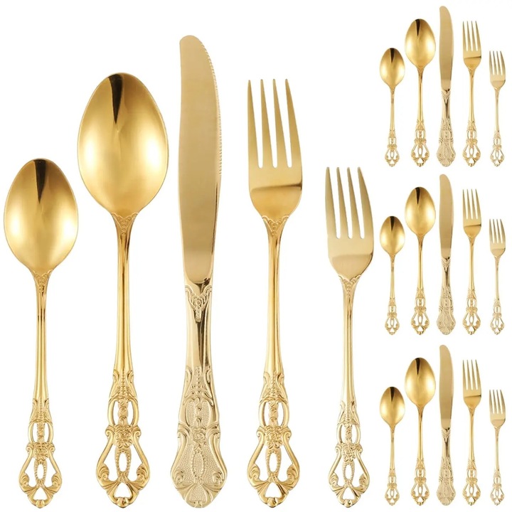 Set de tacamuri 20 piese din otel inoxidabil, stil vintage placate cu aur, auriu, pentru 4 persoane, K0255-0810-CDCJ50025