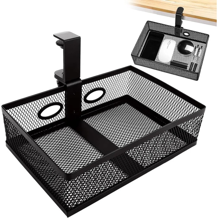 Organizator sub birou rotativ 360° cu clema, din metal tip plasa, 2 orificii pentru cablu, negru, 25 x 17 x 7 cm