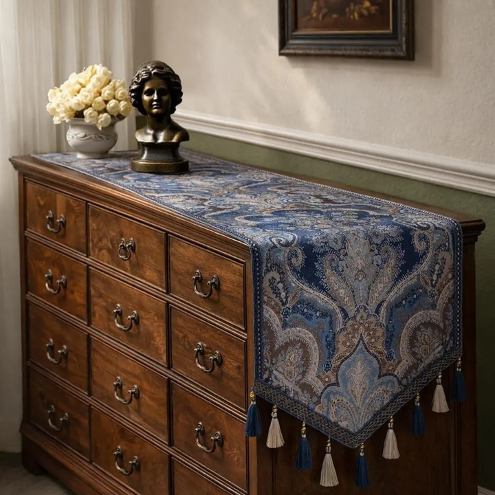 Jacquard asztali futó hímzett ezüst szállal K0255-0810-CDCJ56593, virágos, kék, bojtos, olajálló