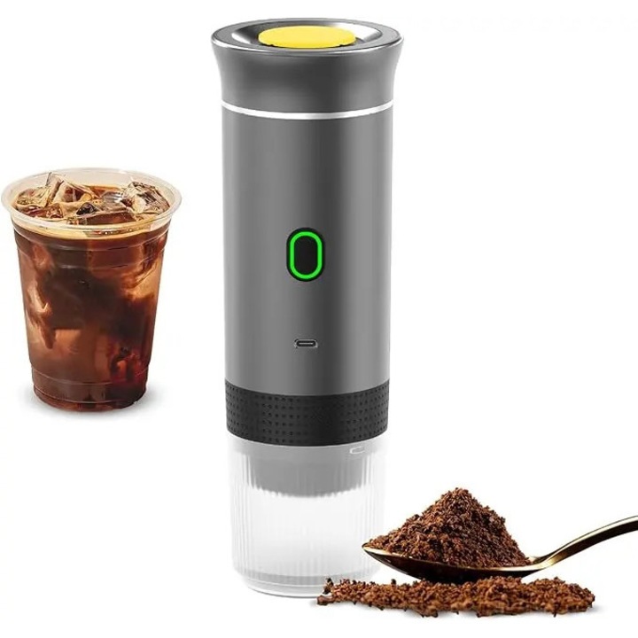 Cafetiera portabila fara fir K0255-0810-CDCJ57882, 3-in-1 pentru capsule sau cafea macinata, gri inchis, pentru masina si calatorii