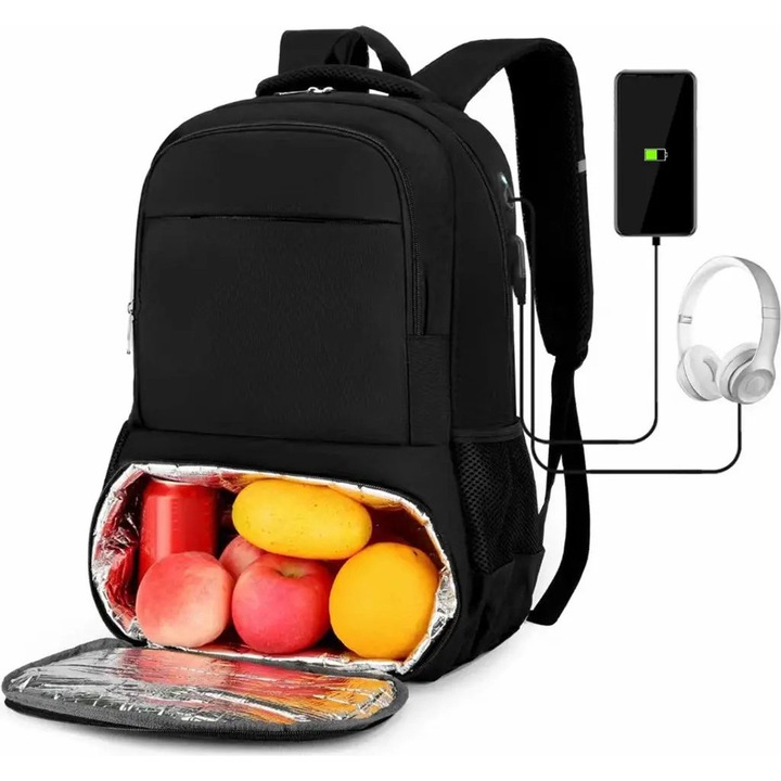 Rucsac din poliester termoizolant cu compartiment frigorific (lunch box), buzunar pentru laptop 15.6-inch, port USB extern, rezistent la apa, negru, K0255-0810-CDCJ57856