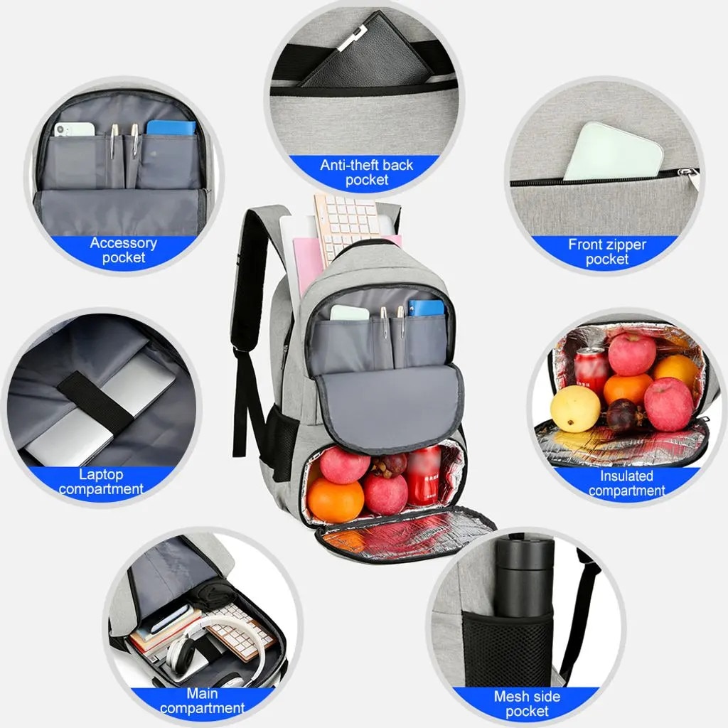 Rucsac din poliester termoizolant cu compartiment frigorific (lunch box), buzunar pentru laptop 15.6-inch, port USB extern, rezistent la apa, negru, K0255-0810-CDCJ57856