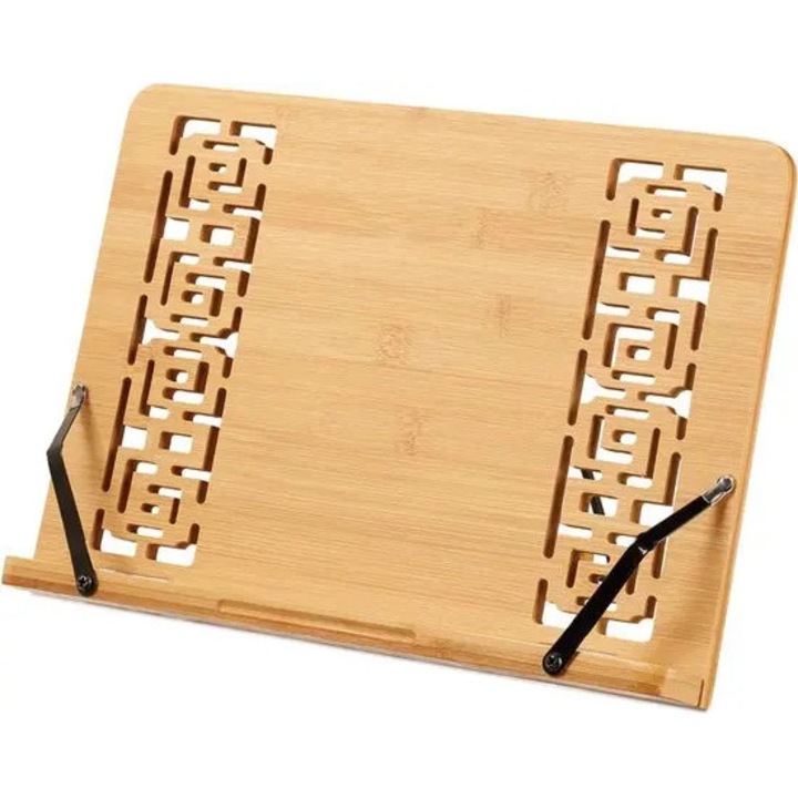 Suport pentru carte de bucatarie K0255-0810-CDCJ55926 din bambus, reglabil in 5 pozitii, pliabil, 2 cleme, natural, 24 x 34 x 21 cm