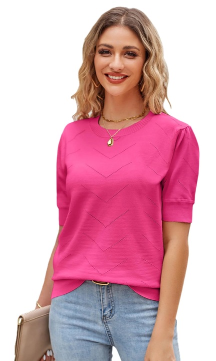 Bluza tricotata Newshows, maneca scurta, guler rotund, model chevron, casual-elegant, mov -L