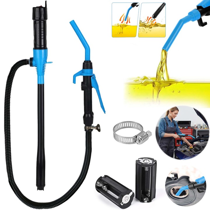 Pompa electrica pentru transfer lichide, portabila. 2.2 galoane/min, Prevenirea scurgerilor, usor de utilizat, Pentru transportul benzinei, apei nepotabile, kerosenului si agentilor de curatare.durabil, Duza de control al debitului, filtra.Albastru