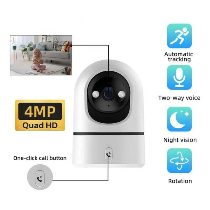 4MP beltéri WiFi megfigyelő kamera, 360°-os forgatás, automatikus követés, kétirányú hang