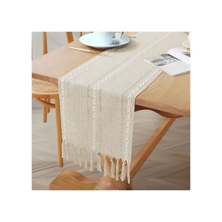 K0312-0805-CD14477 asztali futó, 100% természetes lenből, kézzel készített, boho stílusú rojtokkal, bézs, 183 x 33 cm