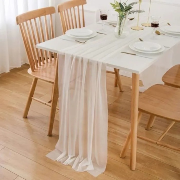 Mosható sifon asztali futó esküvőre, fehér, 70 x 300 cm