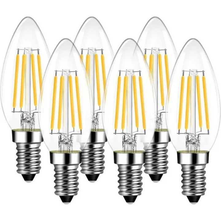 Bec LED filament E14 C35 k0312-0805-CD19219, 4W (echiv. 40W), 470 lm, alb cald 2700K, unghi fascicul 270°, AC 220-240V, sticla clara, set 6 buc