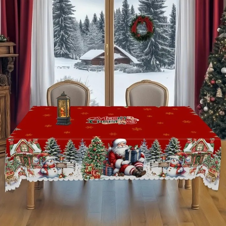 Karácsonyi asztalterítő k0312-0805-CD15749, poliészter, téglalap alakú, Mikulással és fenyőfákkal, piros, 152 x 220 cm