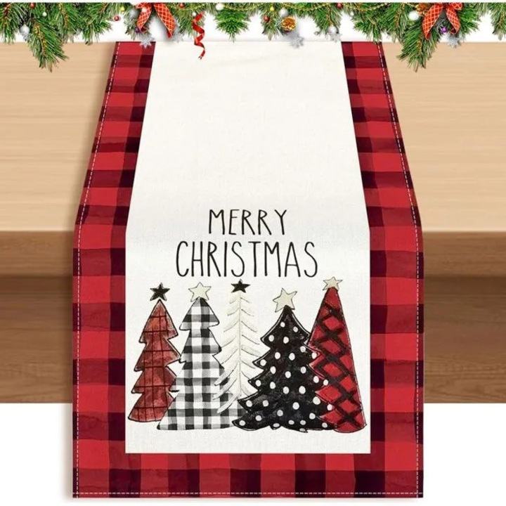 Asztali futó k0312-0805-CD16727, karácsonyi "Merry Christmas" nyomtatás fenyőfákkal és piros-fekete kockás szegéllyel, Többszínű