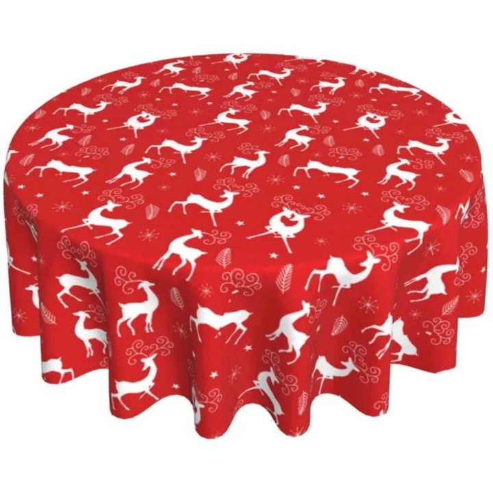 Vízálló kerek karácsonyi asztalterítő k0312-0805-CD20405 rénszarvasokkal és fenyőfákkal, piros/fehér, 152 cm