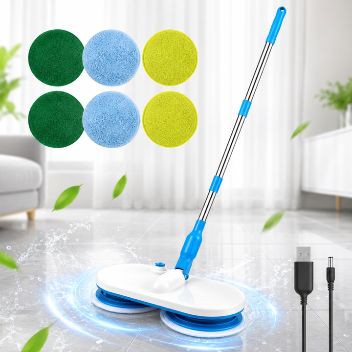 Mop Electric Rotativ fara Fir Infiniteea™, Dual Spin 100 RPM, Maner Telescopic 125 cm, Acumulator Reincarcabil USB 2000mAh, Lavete Reutilizabile Incluse, pentru Parchet, Gresie, Marmura, Sticla, Albastru