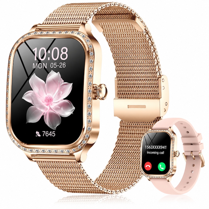 Ceas Smartwatch Dama METISTA® MK88, Ecran 1.75 inch HD, Apeluri Bluetooth, 100+ Moduri Sport, Monitorizare Ritm Cardiac, Somn si SpO2, Notificari, Control Muzica, 2 Curele Incluse Metalica + Silicon, Android/iOS, Auriu