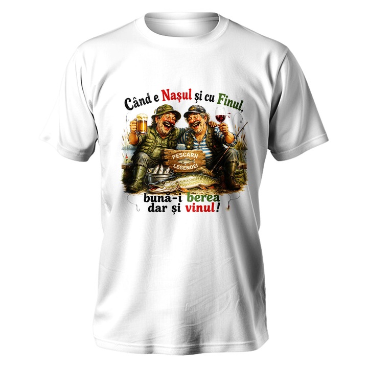 Tricou personalizat, Gifts4All, "Cand e Nasul si cu Finul- varianta pescar", bumbac, alb, L