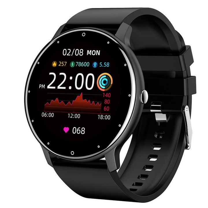 Ceas inteligent, ecran TFT de 1, 28 inci, rezistent la apa, camera foto, contor de pasi, monitorizare a ritmului cardiac, masurare a tensiunii arteriale, functii sociale si de divertisment, apeluri prin Bluetooth, ecran tactil pe toata suprafata, negru
