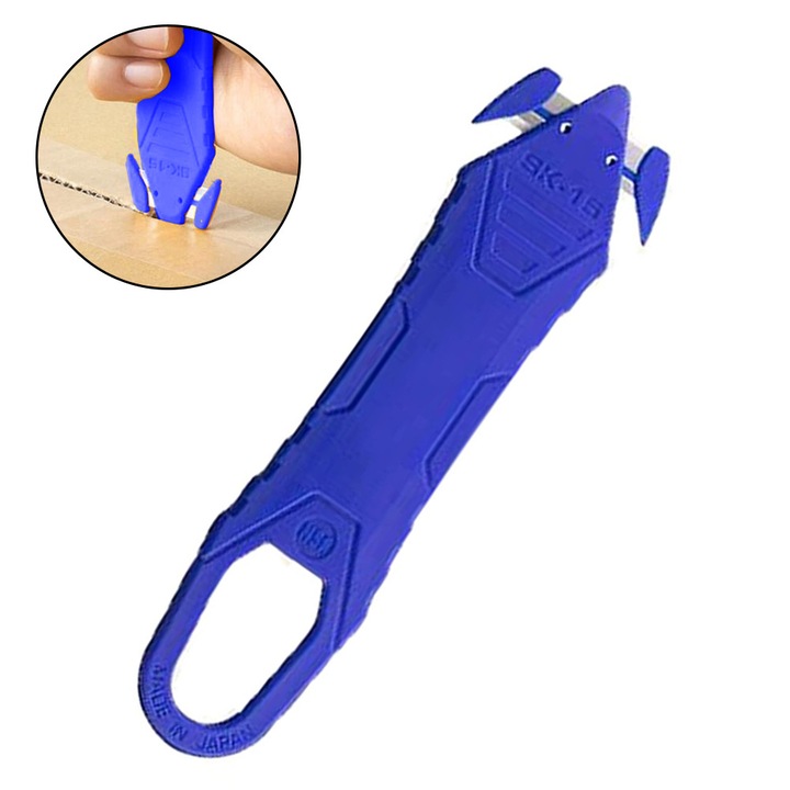 Cutter de siguranta ZYBLSSBB LSM2XH18653-221380-2, lama ascunsa din otel inoxidabil, pentru deschis cutii si folie, albastru, 135 x 37 x 3 mm