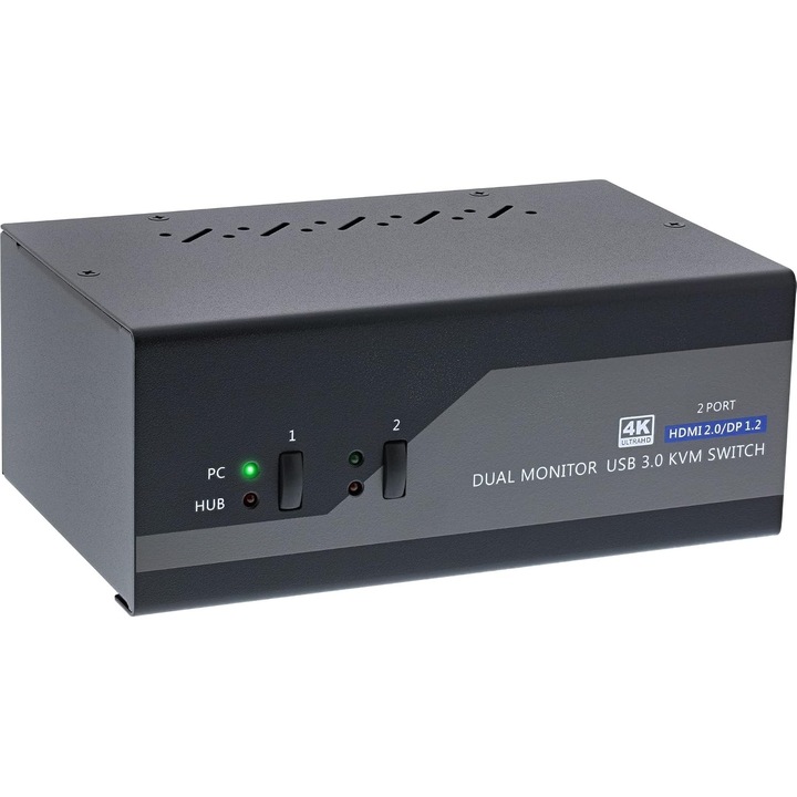 KVM kapcsoló 2 PC-hez, Kétmonitoros DP+HDMI, 4K, USB 3.0, Audio