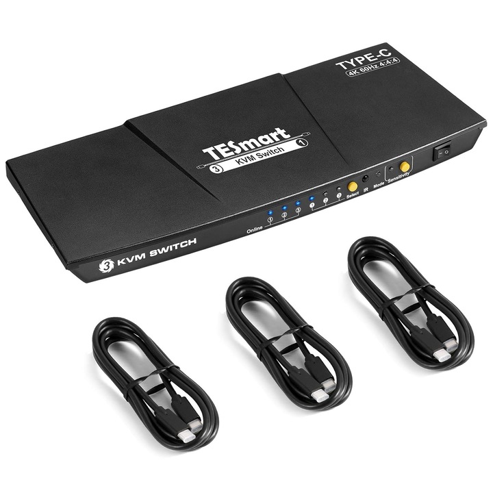 TESmart KVM kapcsoló 3 USB-C port 4K@60Hz 4:4:4 HD