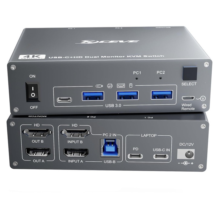 KVM kapcsoló USBC HDMI 4K@60Hz 2 PC 2 monitor, 4 USB 3.0, PD 73W töltés