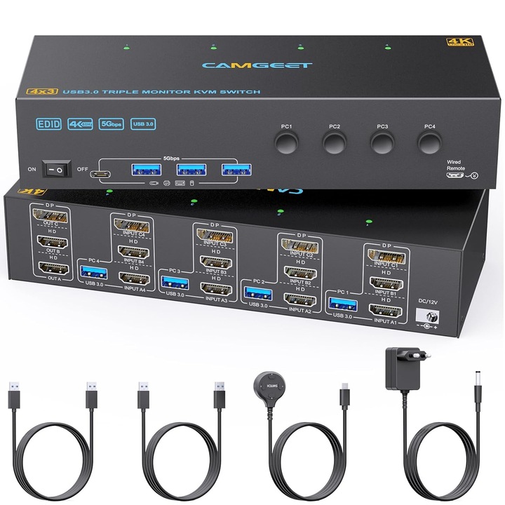 KVM kapcsoló 3 monitorhoz, 4 PC-hez, 4K@60Hz, 4x USB 3.0