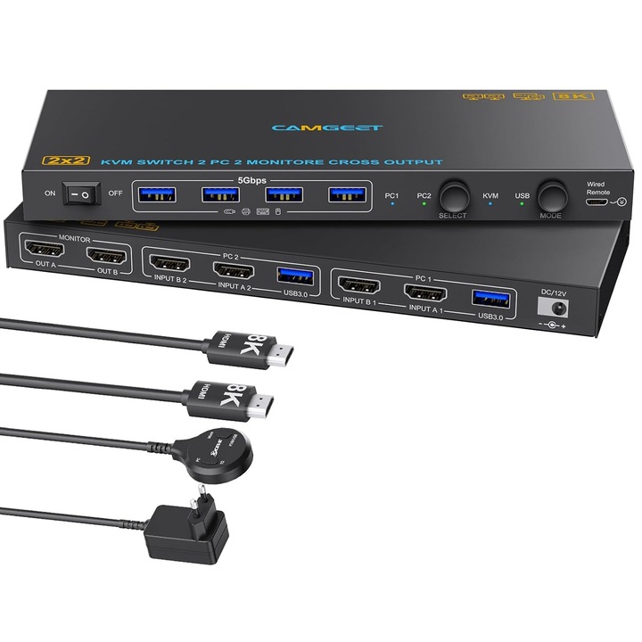 KVM Kapcsoló 8K HDMI Kétmonitoros 2 PC, 2 Monitor, USB 3.0