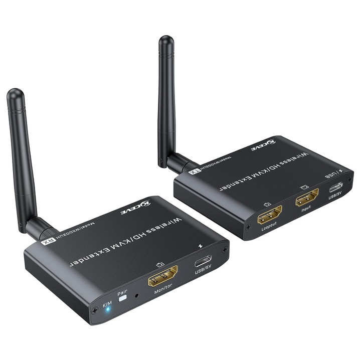 KVM HDMI vezeték nélküli hosszabbító 200M, 1 PC 2 monitor, billentyűzet/egér