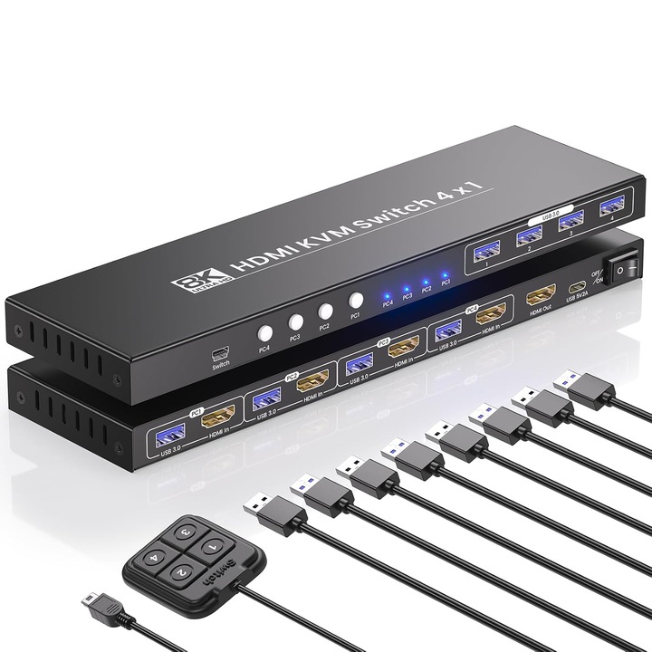 HDMI KVM Kapcsoló 4 Portos: 4 PC, 1 Monitor, 8K60Hz, USB 3.0