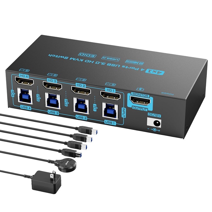 KVM kapcsoló 8K HDMI 2.1, 4 PC, 1 monitor, USB 3.0