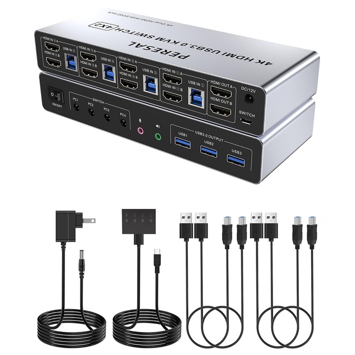 KVM HDMI kapcsoló 4 PC-hez, 2 monitorhoz, USB 3.0, 4K@60Hz