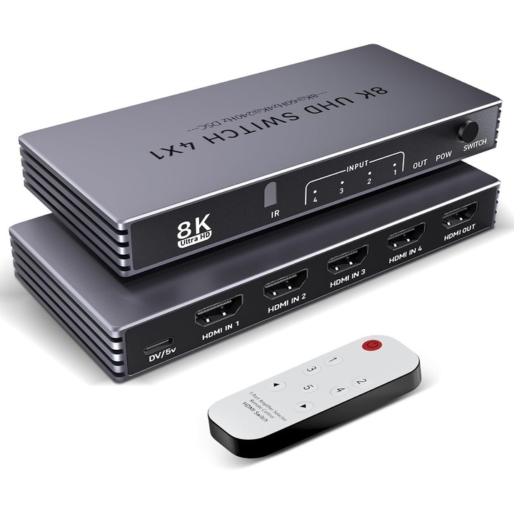 HDMI elosztó 4K 240Hz 8K 60Hz, HDMI kapcsoló 4 bemenet 1 kimenet távirányítóval