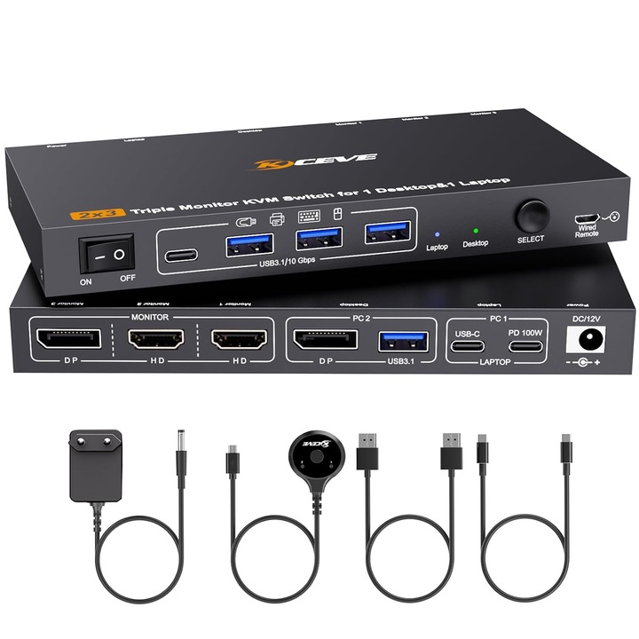 KVM kapcsoló USB-C DP 4K@60Hz, 1 PC/Laptop, 3 monitor, 4 USB 3.0