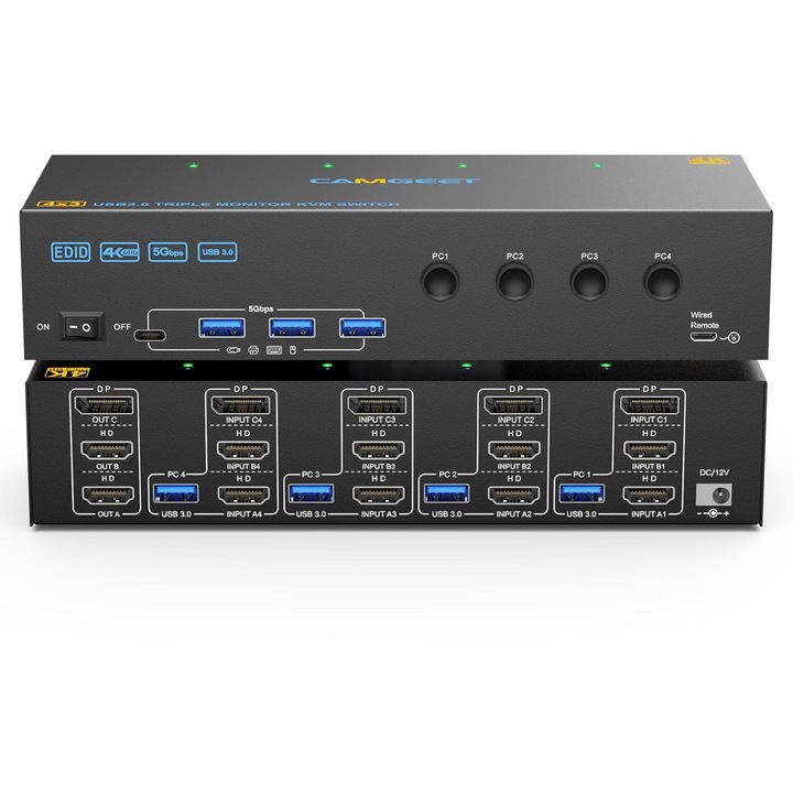 KVM kapcsoló 3 monitorhoz 4 PC-hez 4K@60Hz, 2 HDMI + DisplayPort