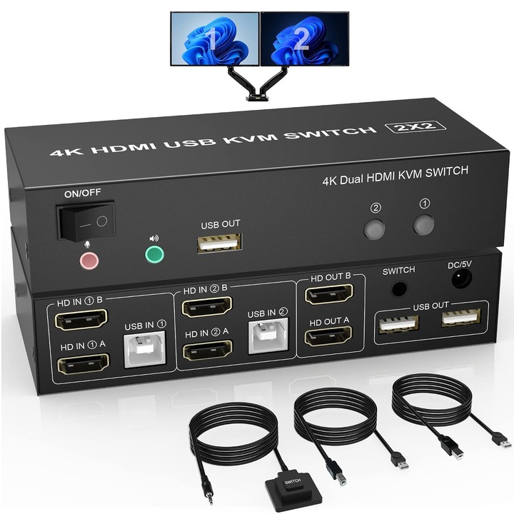 KVM Kapcsoló Kétmonitoros HDMI 2 Portos, 4K@60Hz, Audio, USB