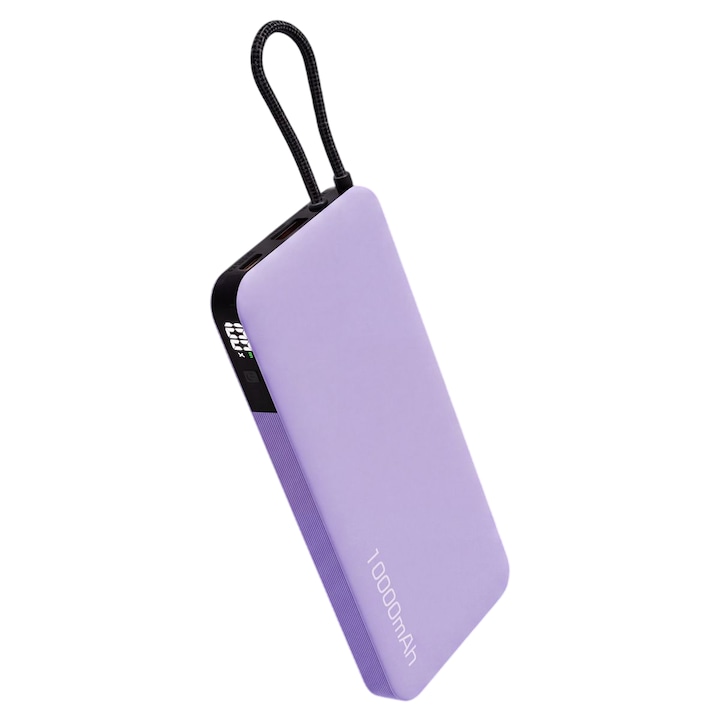Външна батерия EVONTECH® 10000mAh Лилава, Бързо зареждане 22.5W, Вграден USB-C кабел, 3 порта, Цифров LED дисплей, Лилава