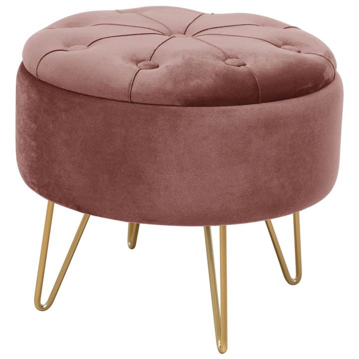 Taburet cu Spatiu de Depozitare AKORD CARO din Catifea Roz cu Picioare Aurii, Material Catifea, Baza Otel, Greutate Maxima Suportata 80 kg, Culoare Corp Auriu, Pouf cu Spatiu de Depozitare, Design Modern, Functional si Estetic, Utilizare Versatila